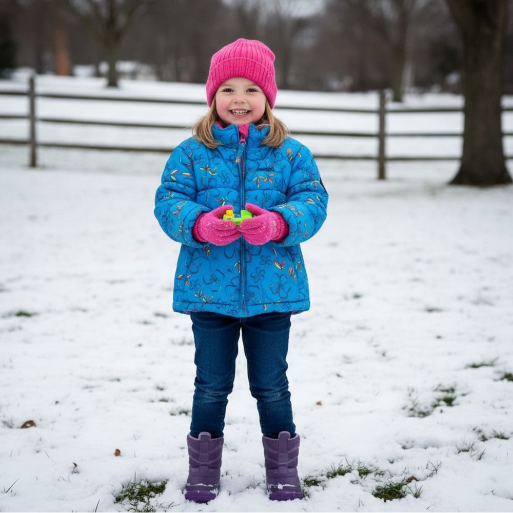 🍭OskKosh Girls Blue Floral Puffer Jacket Pink Fleece Lining 18M